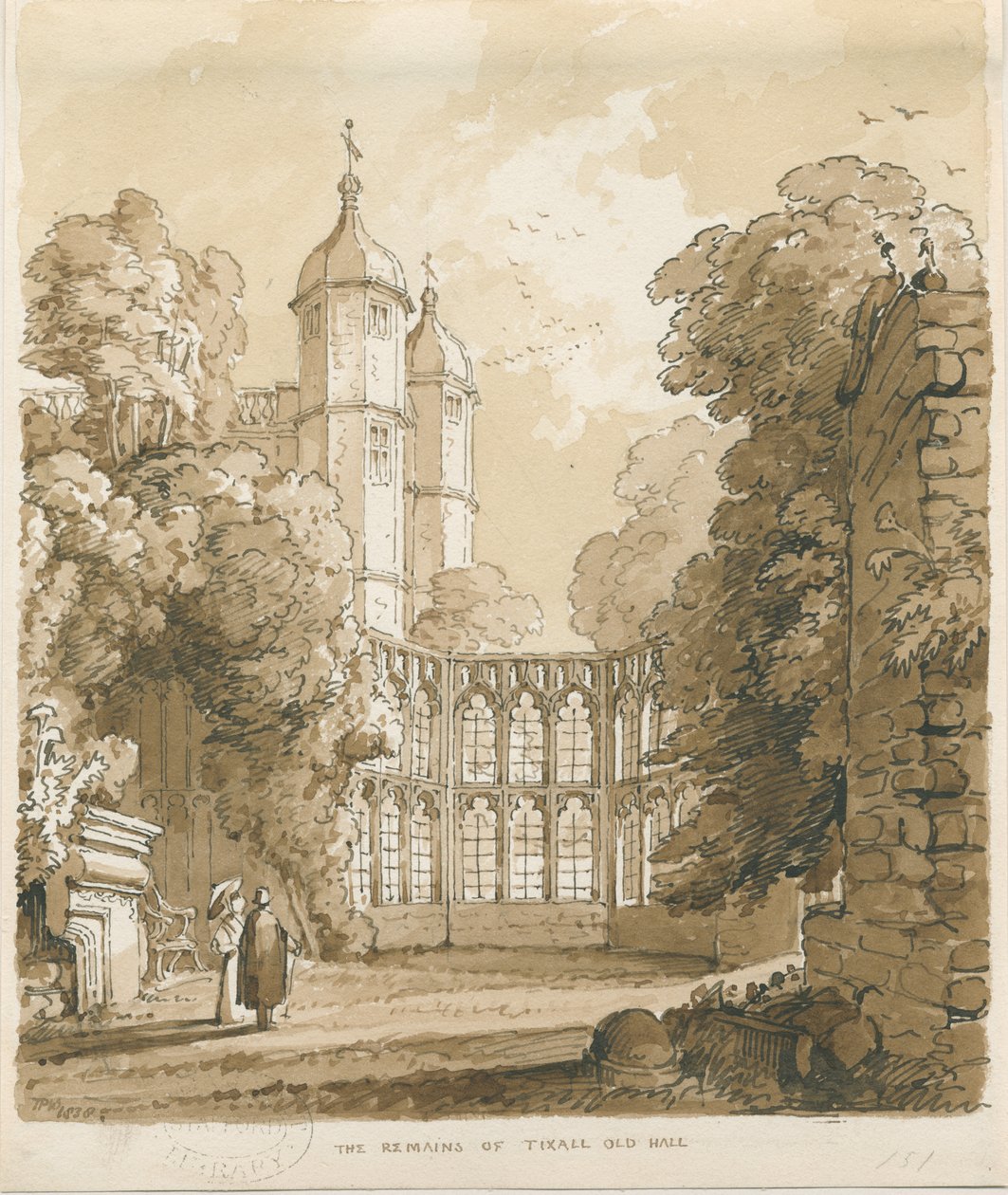 Tixall Hall: rysunek długopisem i myciem, 1838 autorstwa Thomas Peploe Wood