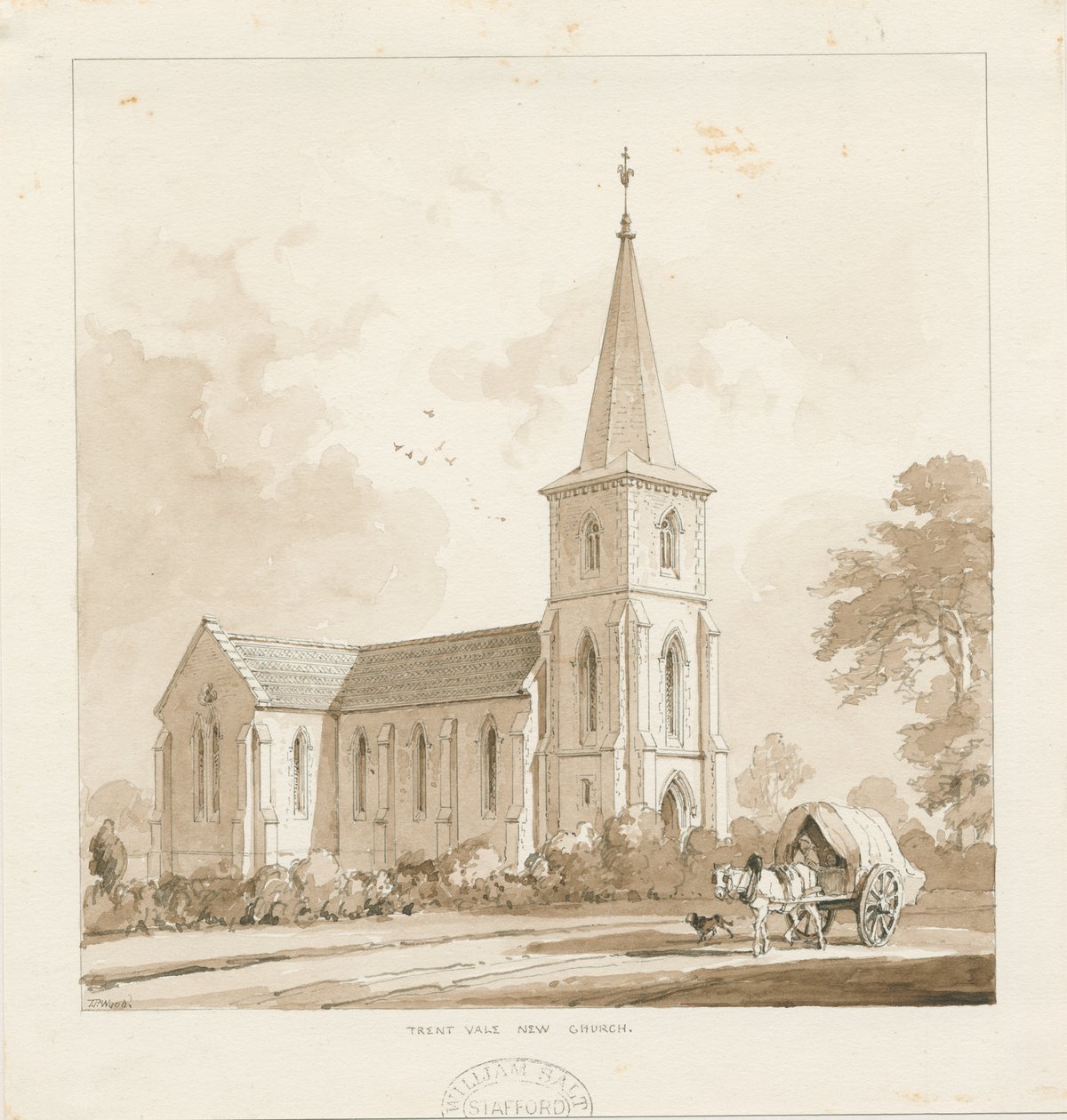 Trentham - „Trent Vale New Church”: rysunek w sepii, nd [1842, por. Wood Portfolio 148]] (rysunek) autorstwa Thomas Peploe Wood