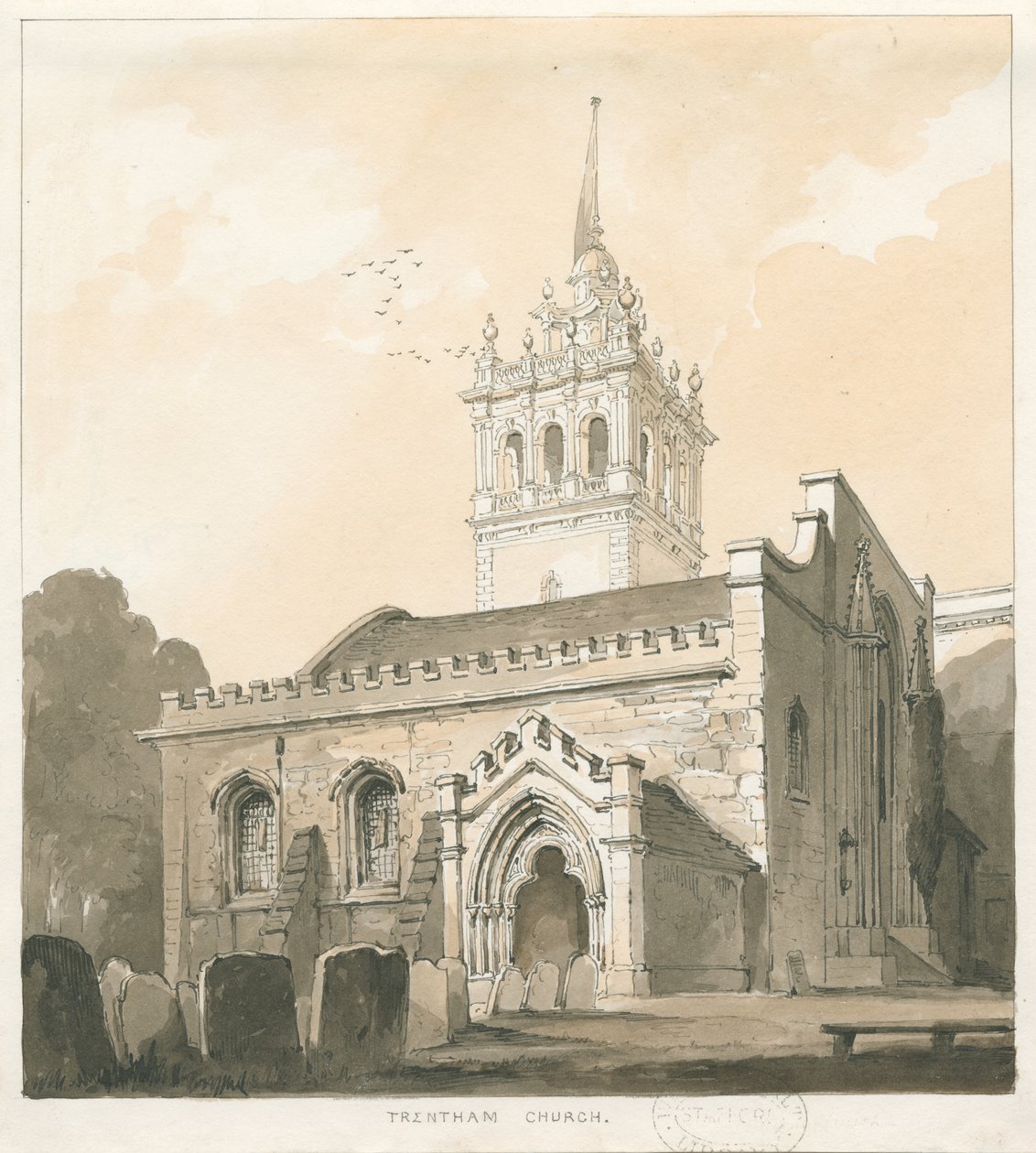 Kościół Trentham: rysunek w odcieniu sepii i żółci, nd [?1838] autorstwa Thomas Peploe Wood