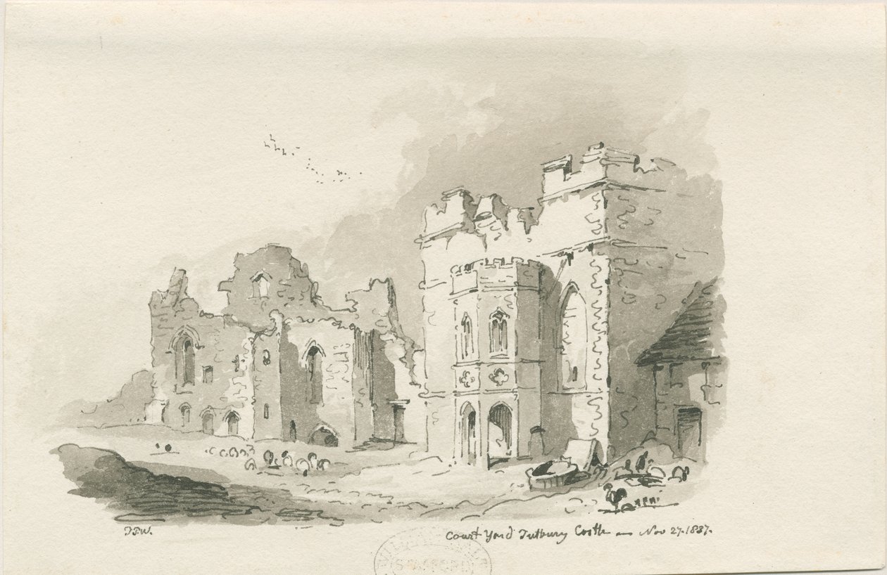 Tutbury Castle - Court Yard: rysunek długopisem i myciem, 27 listopada 1837 autorstwa Thomas Peploe Wood