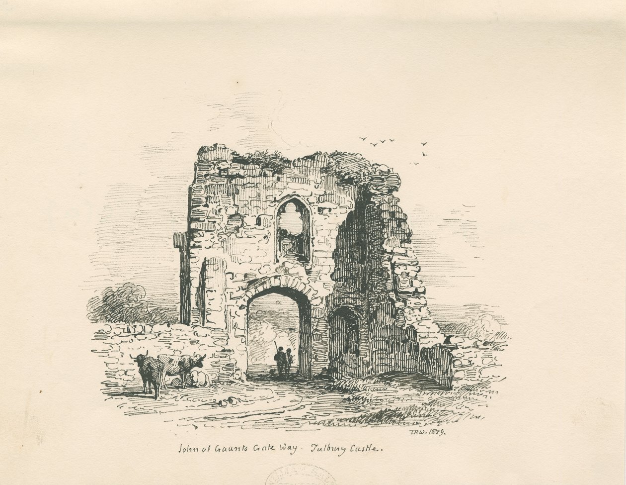 Zamek Tutbury - Brama Jana Gaunta: rysunek piórem i tuszem, 1839 autorstwa Thomas Peploe Wood
