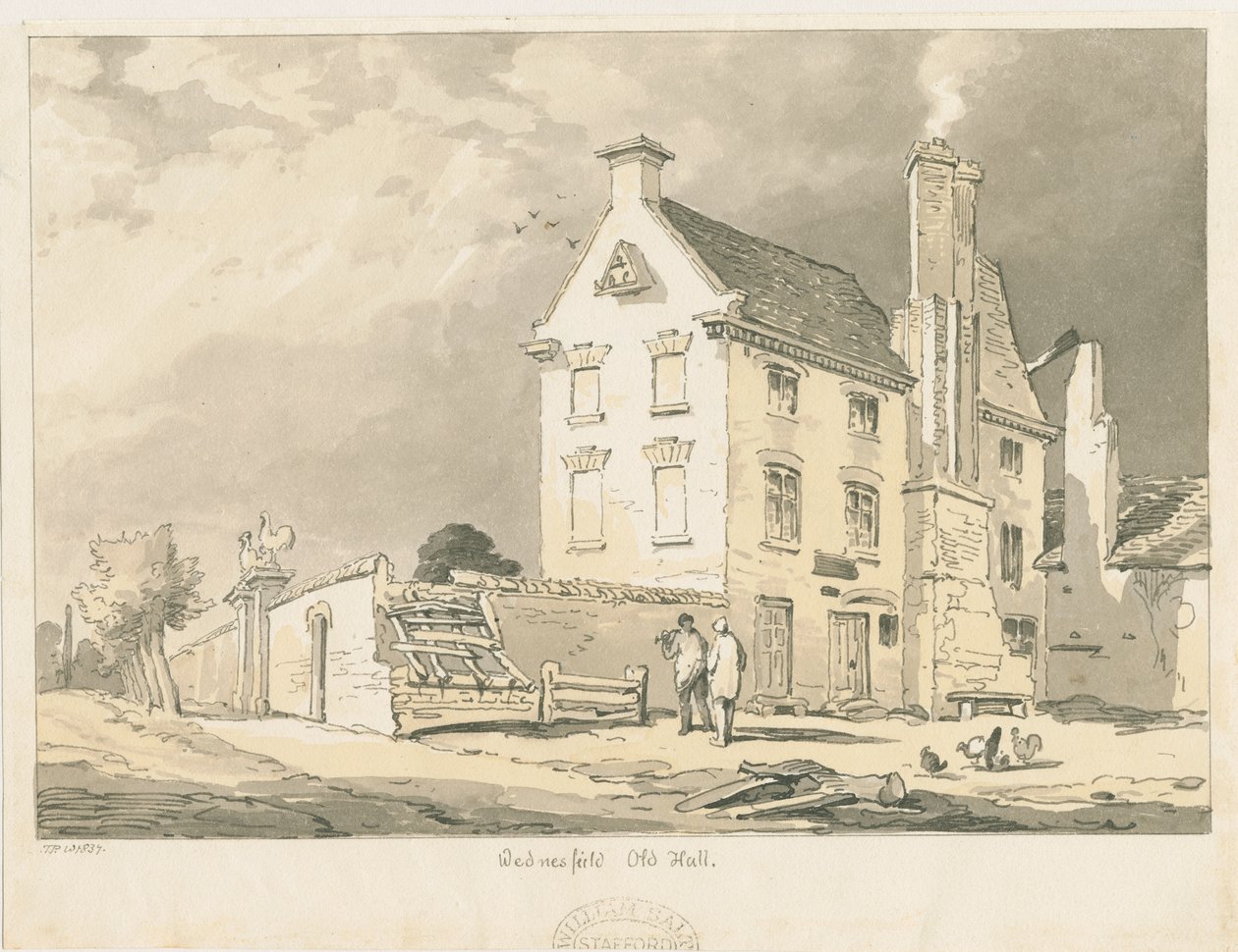 Wednesfield - „Old Hall”: sepia, rysunek piórem i podbarwieniem, 1837 autorstwa Thomas Peploe Wood