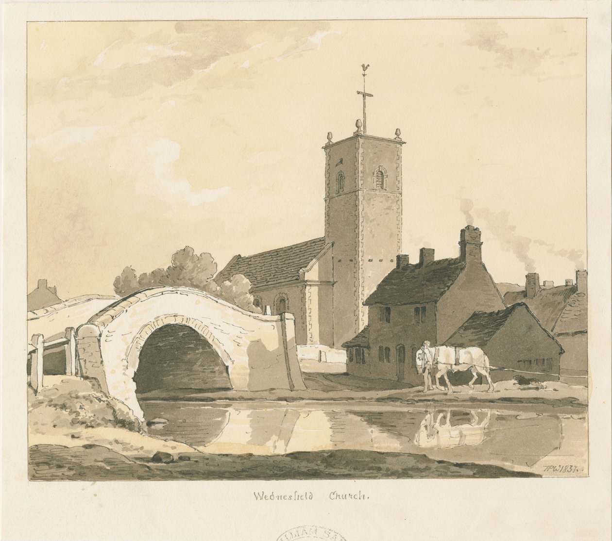 Kościół i most Wednesfield: rysunek w sepii, 1837 autorstwa Thomas Peploe Wood