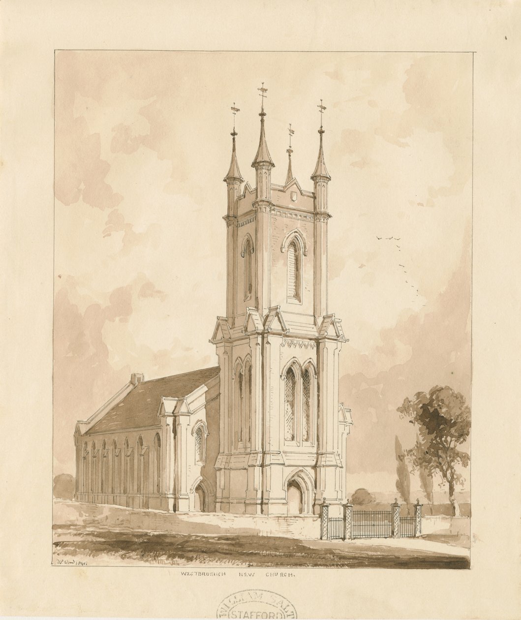 West Bromwich Church [Nowość]: rysunek w sepii autorstwa Thomas Peploe Wood