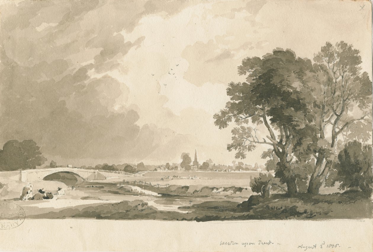 Weston-on-Trent - Widok z daleka: rysunek rozmyty w sepii i ołówkiem, 2 sierpnia 1838 r. autorstwa Thomas Peploe Wood