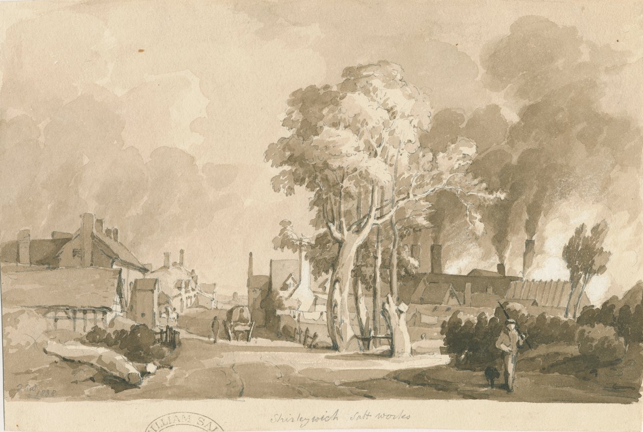 Weston-on-Trent - Shirleywich Saltworks: rysunek w sepii, 1838 autorstwa Thomas Peploe Wood
