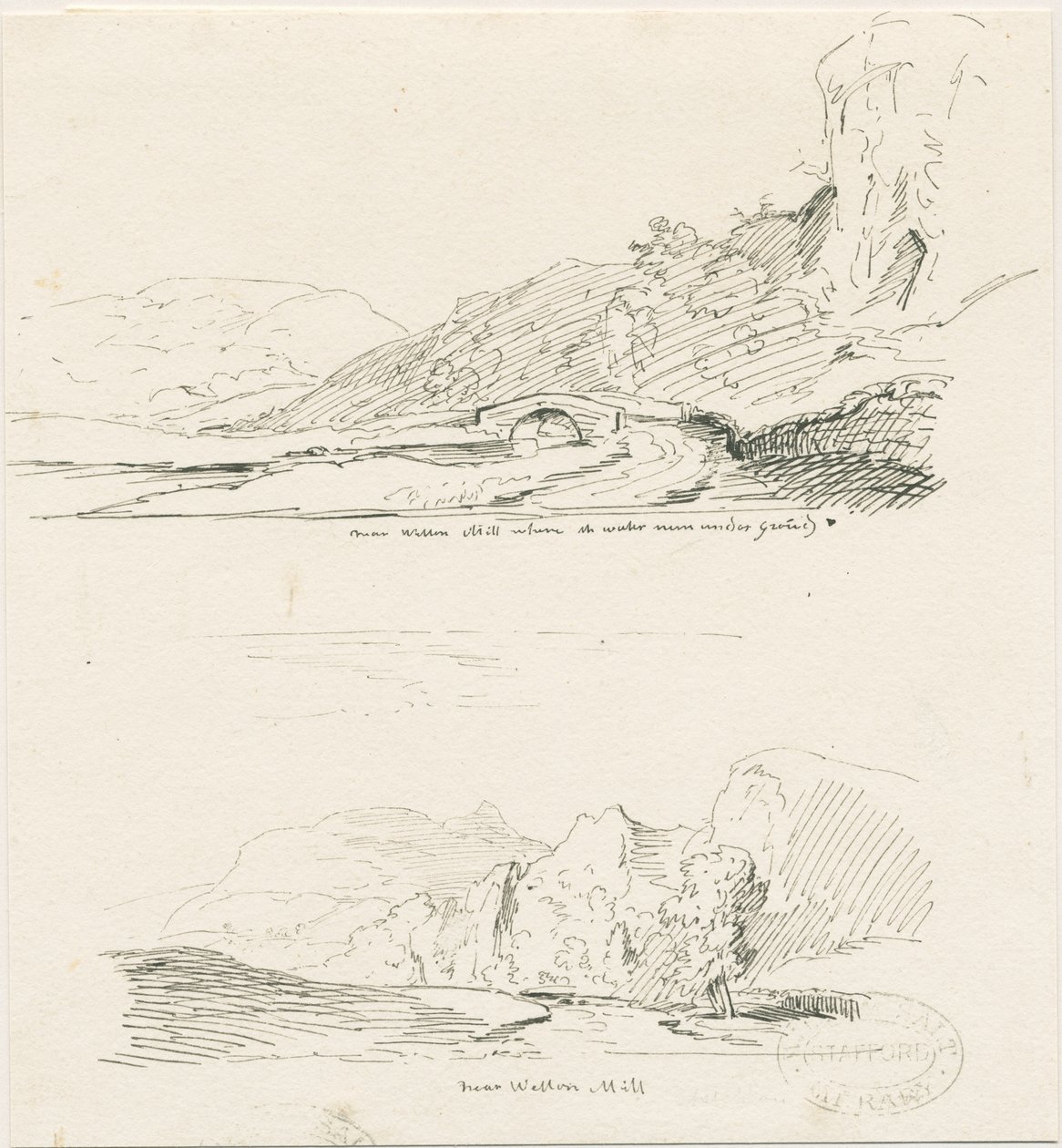 Wetton Mill: rysunek piórem i tuszem, bd [1817-1845] autorstwa Thomas Peploe Wood