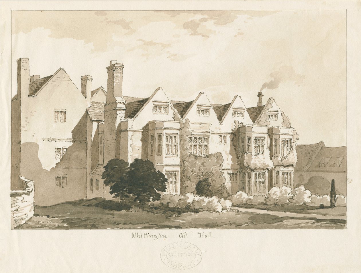 Whittington Hall: rysunek długopisem i praniem, 1836 autorstwa Thomas Peploe Wood