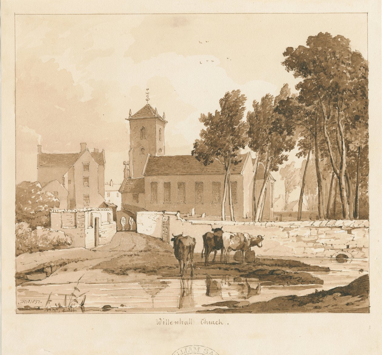 Kościół Willenhall: rysunek w sepii, 1837 autorstwa Thomas Peploe Wood