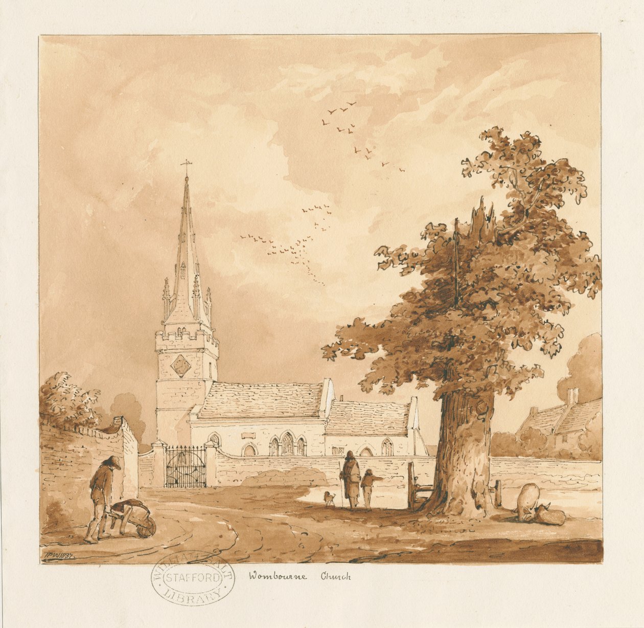 Kościół Wombourne: rysunek w sepii autorstwa Thomas Peploe Wood
