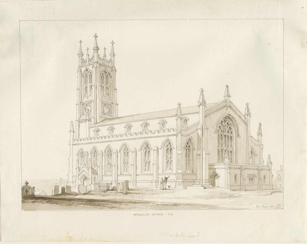 Wordsley Church: rysunek w sepii autorstwa Thomas Peploe Wood