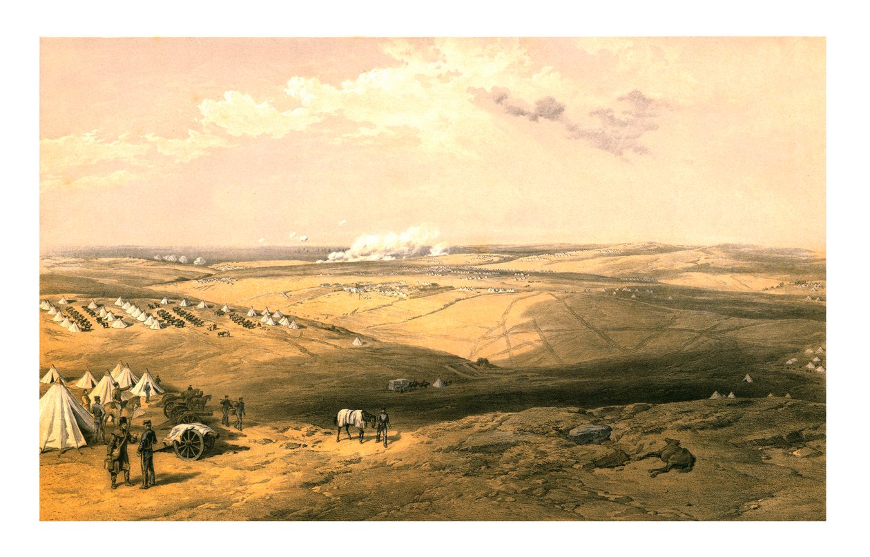 Odległy widok kwatery głównej Lorda Raglansa przed Sewastopolu, 1855. autorstwa Thomas Picken