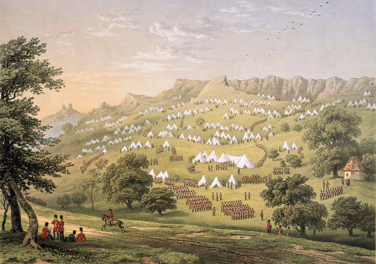 Obóz Legii Cudzoziemskiej niedaleko Hythe, Kent 1855 (litografia, kolor) autorstwa Thomas Picken