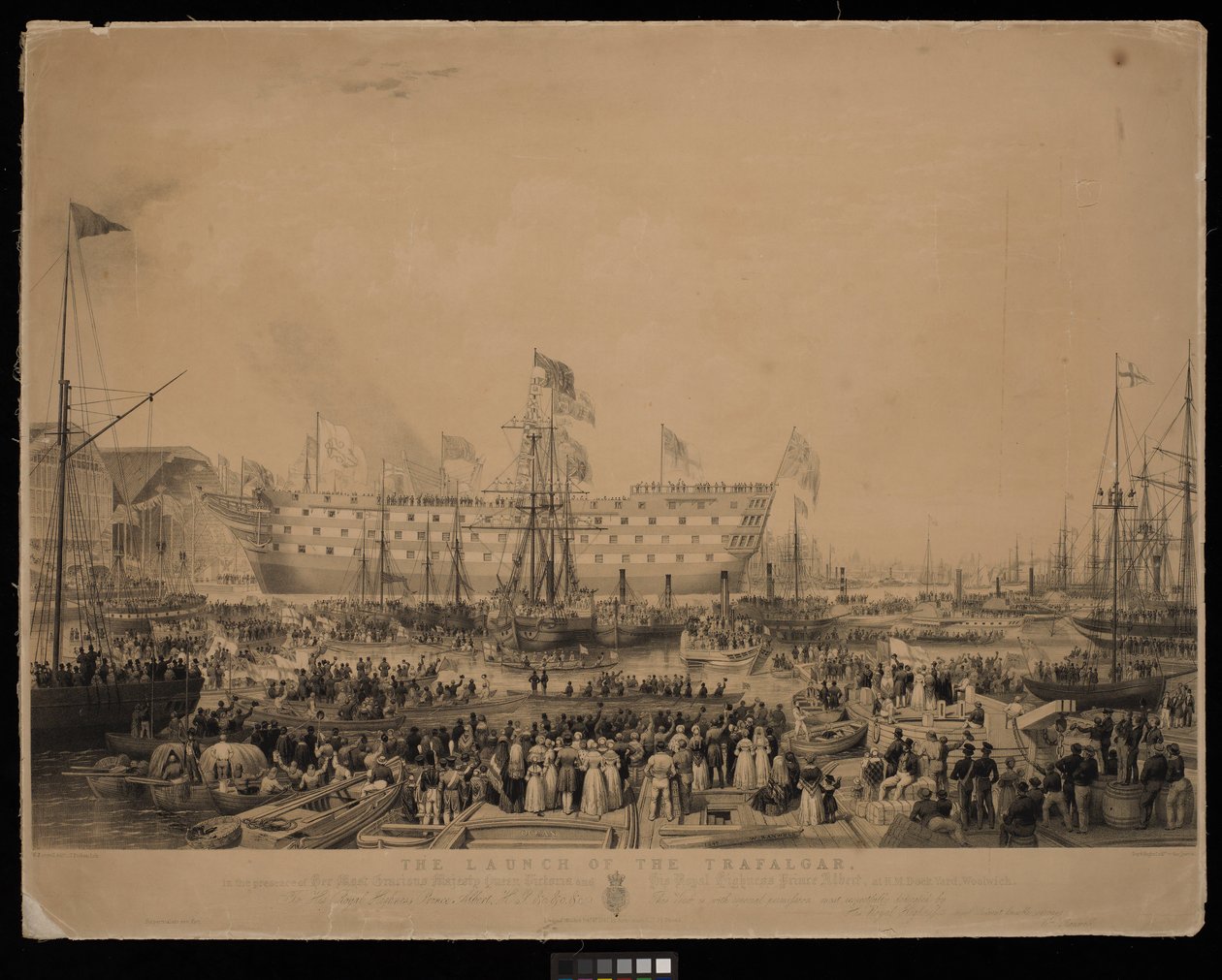 Wodowanie okrętu Trafalgar, w obecności Jej Najłaskawszej Wysokości Królowej Wiktorii i Jego Królewskiej Wysokości Księcia Alberta, w H.M. Dock Yard, Woolwich... autorstwa Thomas Picken