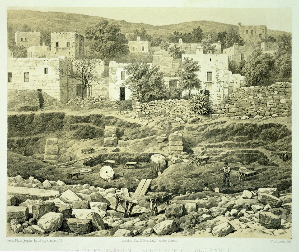 Widok wykopalisk, z „Historii odkryć w Helicarnassus, Cnidus, und Branchidae”, autorstwa Charlesa Thomasa Newtona (1816-94) opublikowanej w 1862 r. autorstwa Thomas Picken