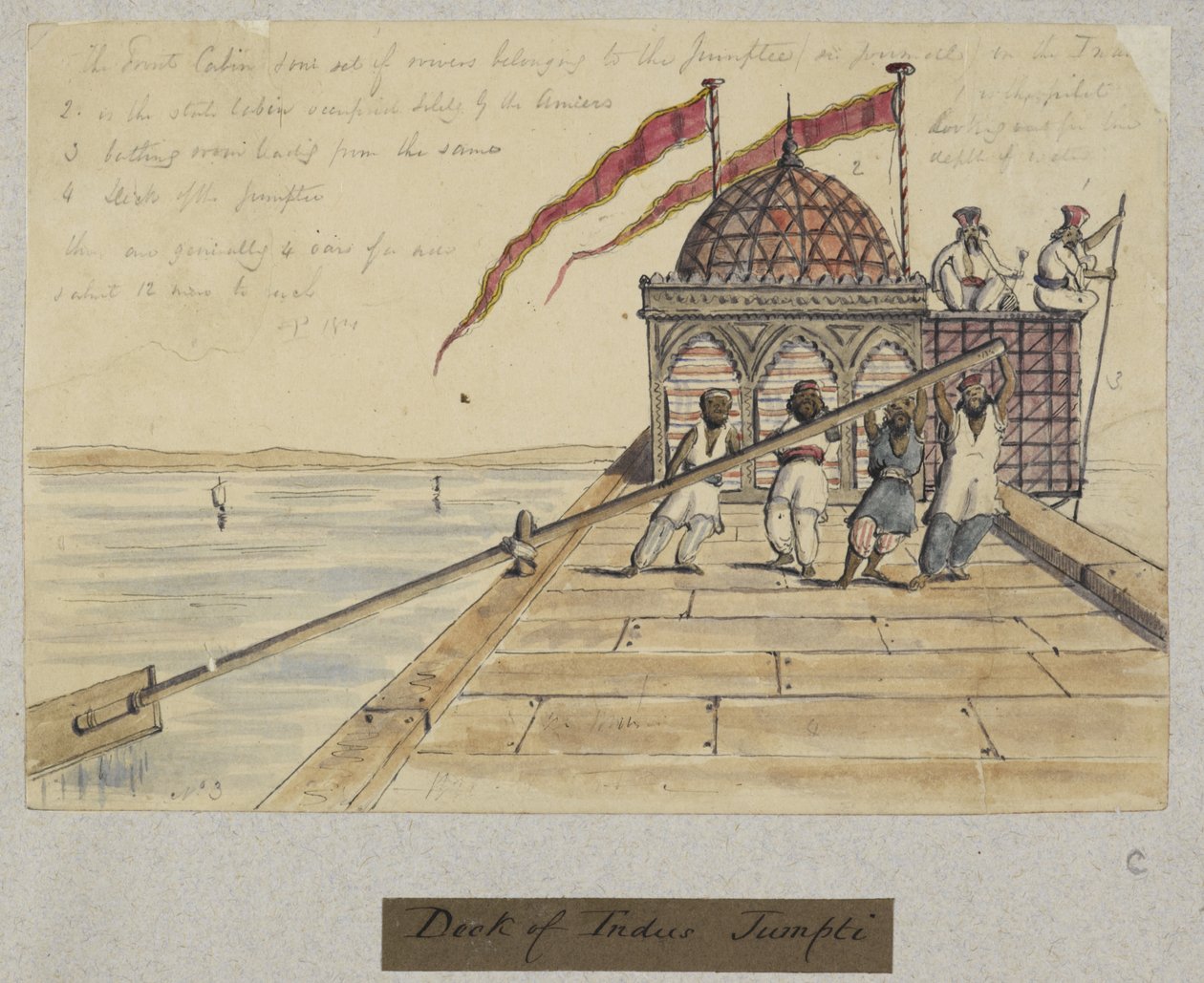 „Pokład Indus Jumpti. T.P. 1841”. Czterech mężczyzn wiosłujących z gigantycznym wiosłem, z „Albumu 212 rysunków i 11 litografii przedstawiających kostiumy, zawody, dekoracje i budynki w Sind, Cutch i Bombaju” autorstwa Thomas Postans