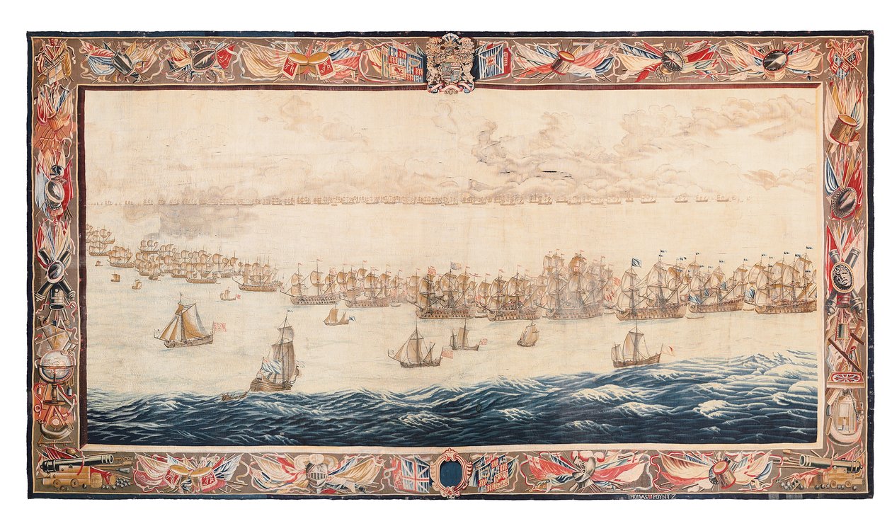 Historyczny gobelin przedstawiający bitwę pod Solebay, Mortlake, projekty przypisywane Williamowi van de Velde, ok. 1688 autorstwa Thomas Poyntz