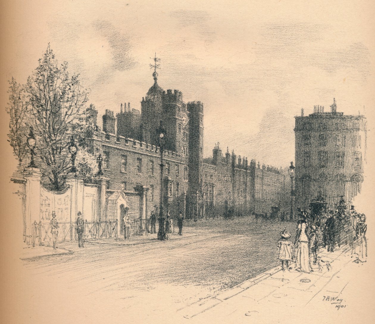 Widok ogólny pałacu św. Jakuba, z centrum handlowego Pall Mall, 1902 autorstwa Thomas Robert Way