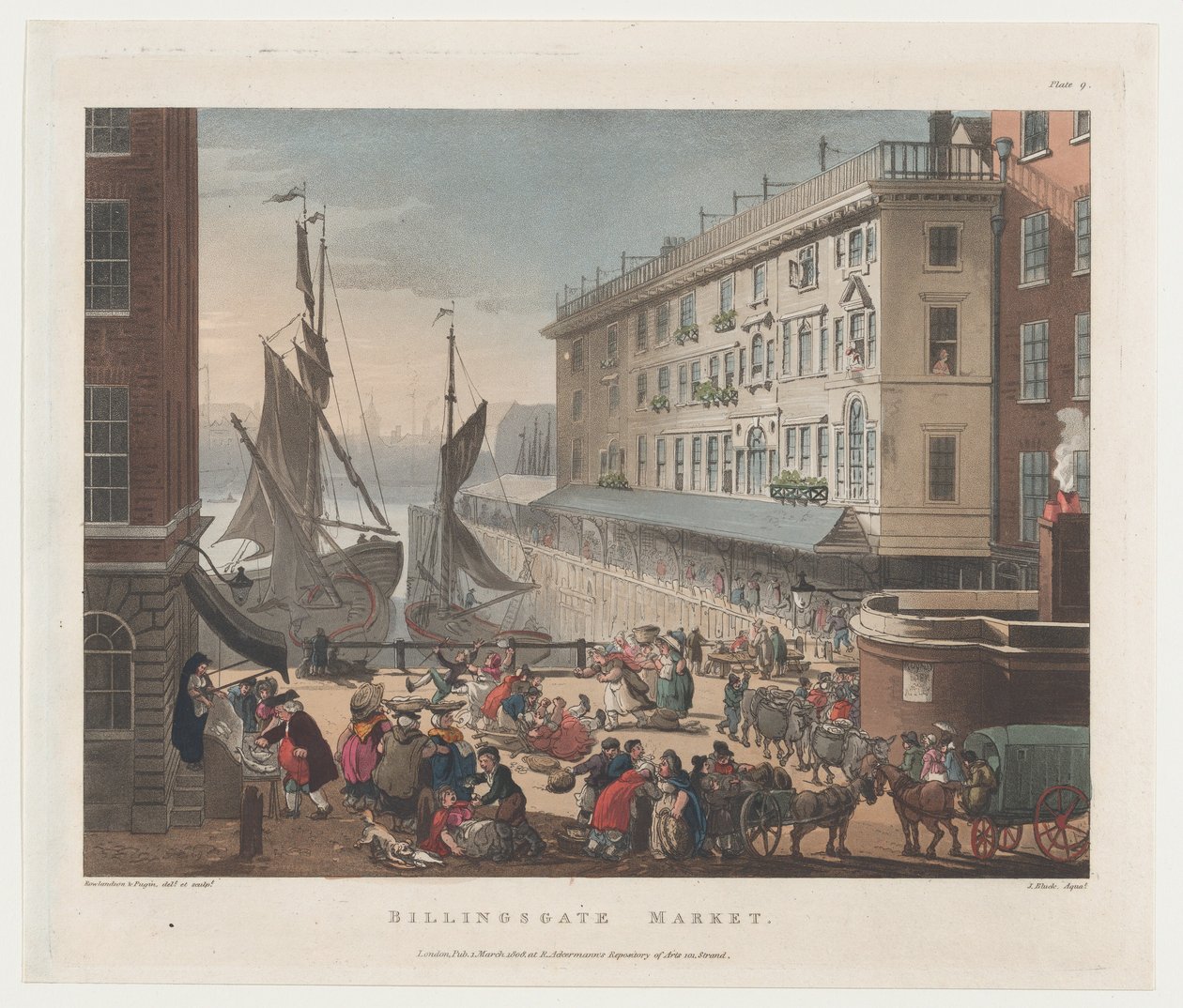 Targ Billingsgate, 1 marca 1808., 1 marca 1808. Twórcy: Thomas Rowlandson, Augustus Charles Pugin, J. Bluck. autorstwa Thomas Rowlandson, Augustus Charles Pugin, J. Bluck