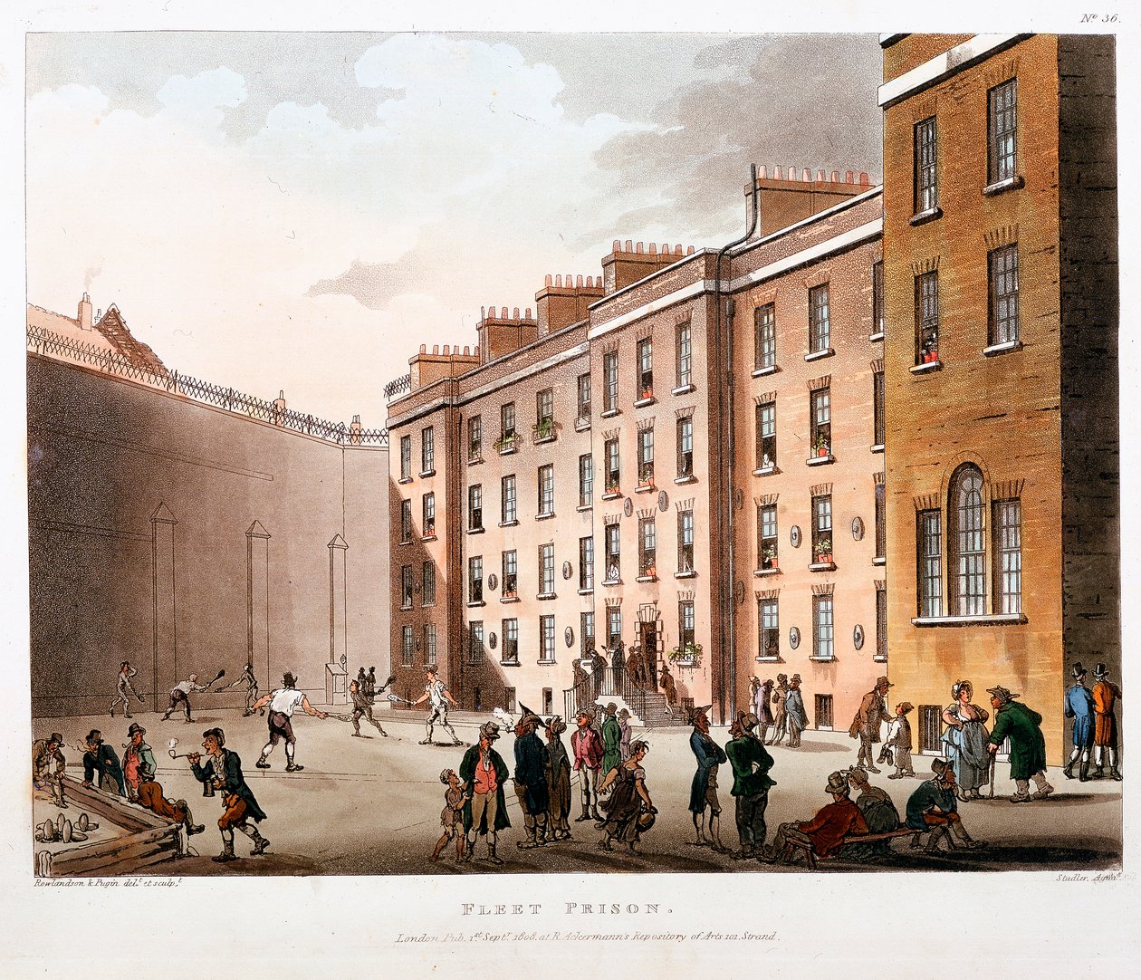 Dziedziniec wewnętrzny Fleet Prison, Londyn, 1808-1811 autorstwa Thomas Rowlandson, Augustus Charles Pugin