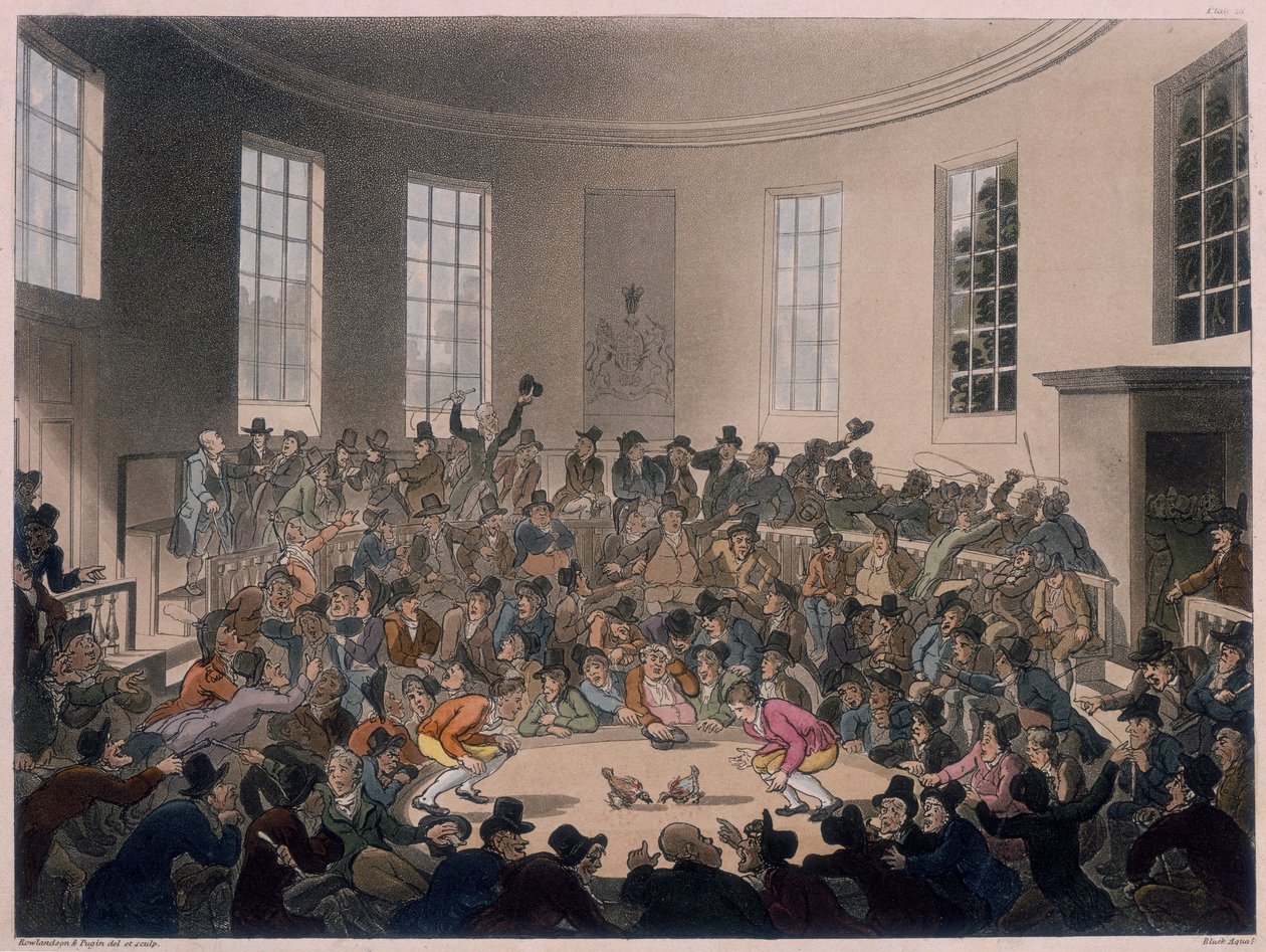 Mężczyźni oglądający walkę kogutów, koniec XVIII-początek XIX wieku autorstwa Thomas Rowlandson, Augustus Charles Pugin