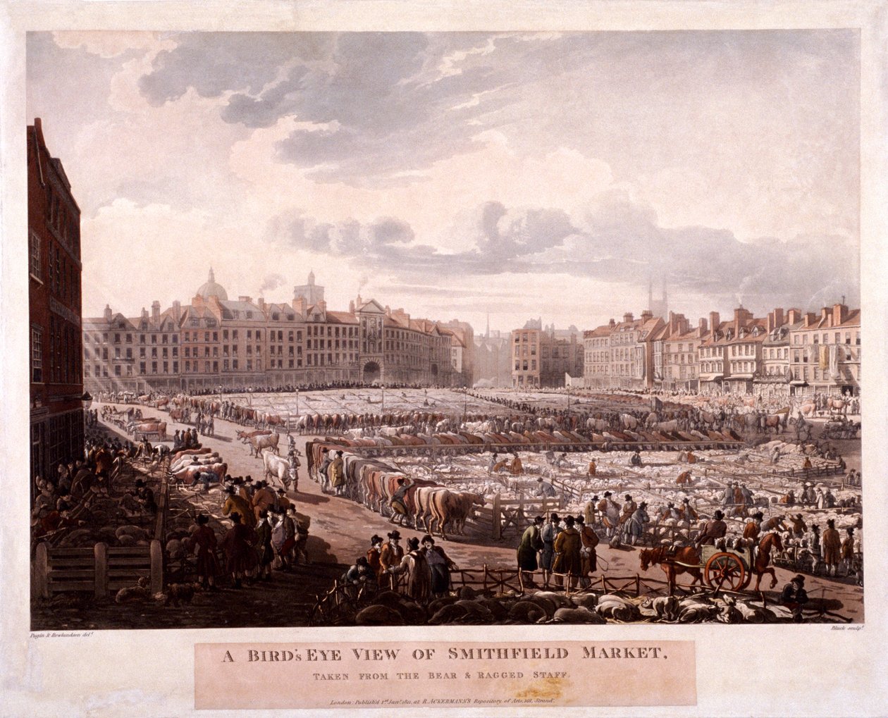 Rynek Smithfield, Londyn, 1811 autorstwa Thomas Rowlandson, Augustus Charles Pugin
