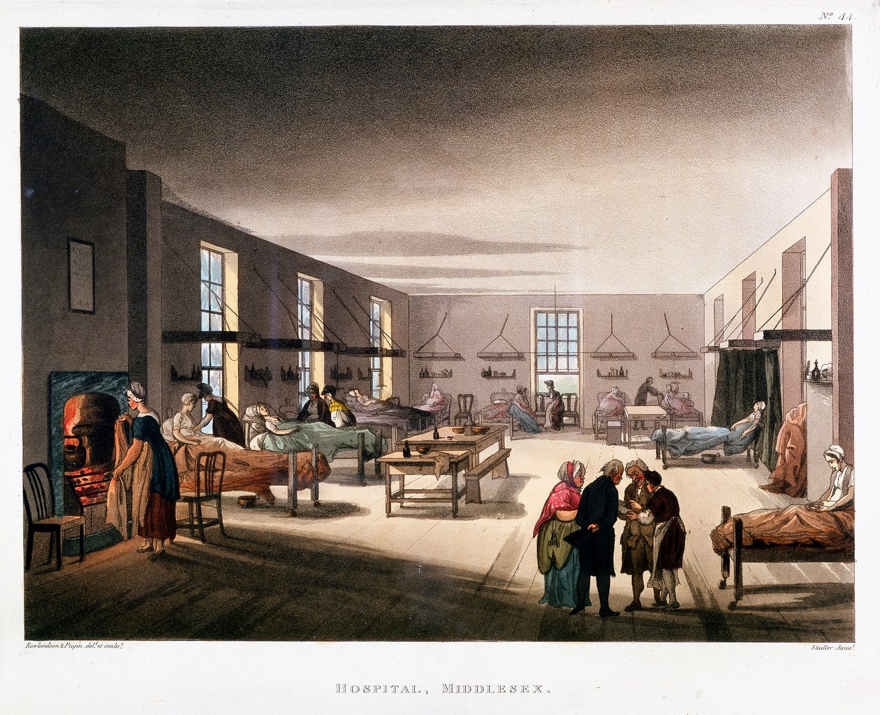 Oddział kobiecy w szpitalu Middlesex, Londyn, 1808-1811 autorstwa Thomas Rowlandson, Augustus Charles Pugin