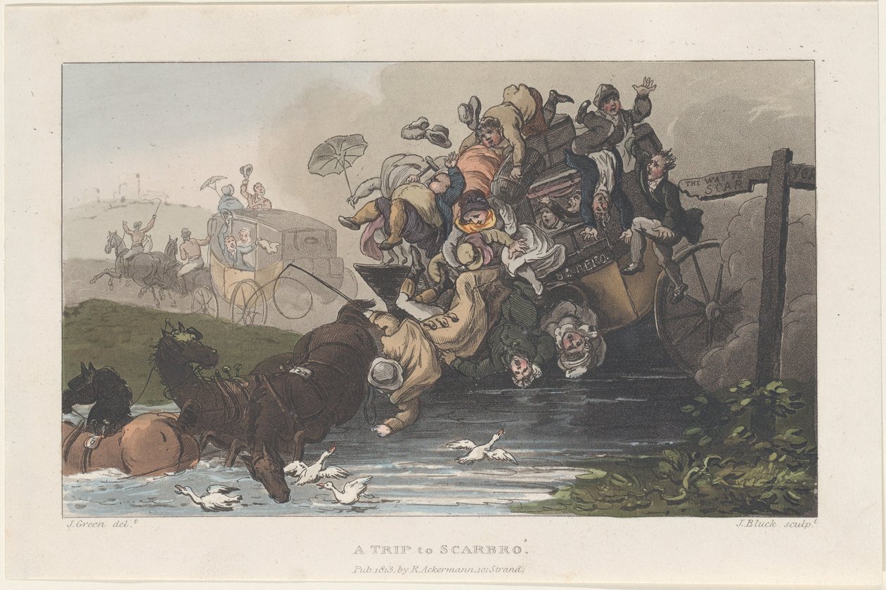Podróż do Scarbro”, z Poetyckich szkiców Scarborough, 1813., 1813. Twórcy: Thomas Rowlandson, Joseph Constantine Stadler, J. Bluck. autorstwa Thomas Rowlandson, Joseph Constantine Stadler, J. Bluck