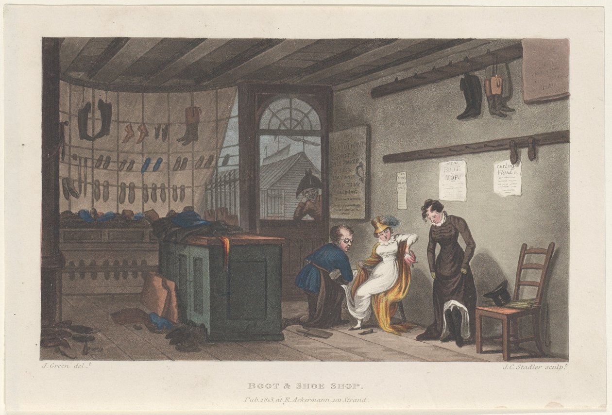 Sklep z butami i butami, z Poetical Sketches of Scarborough, 1813., 1813. Twórcy: Thomas Rowlandson, Joseph Constantine Stadler, J. Bluck. autorstwa Thomas Rowlandson, Joseph Constantine Stadler, J. Bluck