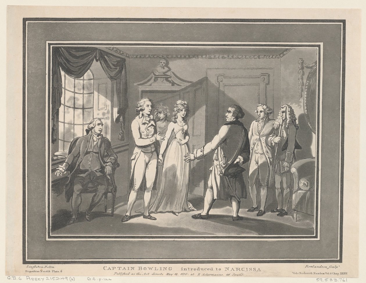 Kapitan Bowling przedstawiony Narcyzie, 12 maja 1800 r., 12 maja 1800 r. Twórcy: Thomas Rowlandson, Joseph Constantine Stadler. autorstwa ThomasThomas Rowlandson, Joseph Constantine Stadler Thomas Rowlandson, Joseph Constantine Stadler
