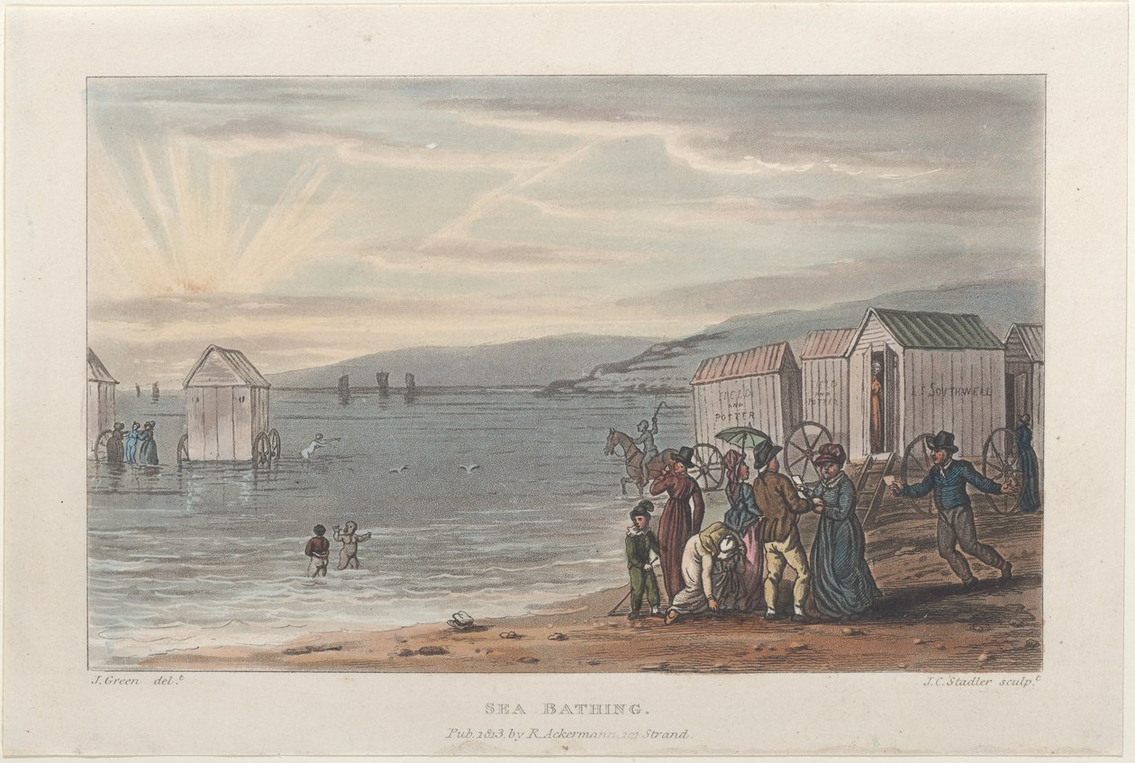 Kąpiel w morzu, z Poetical Sketches of Scarborough, 1813., 1813. Twórcy: Thomas Rowlandson, Joseph Constantine Stadler, J. Bluck. autorstwa Thomas Rowlandson, Joseph Constantine Stadler, J. Bluck