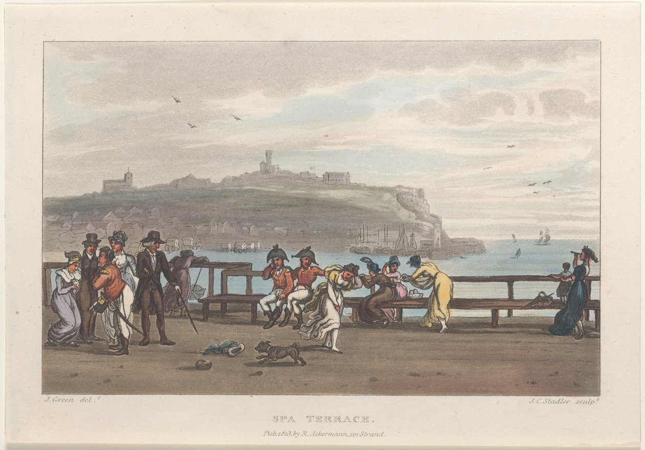 Spa Terrace, z Poetycznych szkiców Scarborough, 1813., 1813. Twórcy: Thomas Rowlandson, Joseph Constantine Stadler, J. Bluck. autorstwa Thomas Rowlandson, Joseph Constantine Stadler, J. Bluck