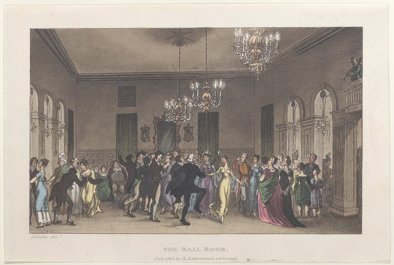 Sala balowa, z Poetyckich szkiców Scarborough, 1813., 1813. Twórcy: Thomas Rowlandson, Joseph Constantine Stadler, J. Bluck. autorstwa Thomas Rowlandson, Joseph Constantine Stadler, J. Bluck