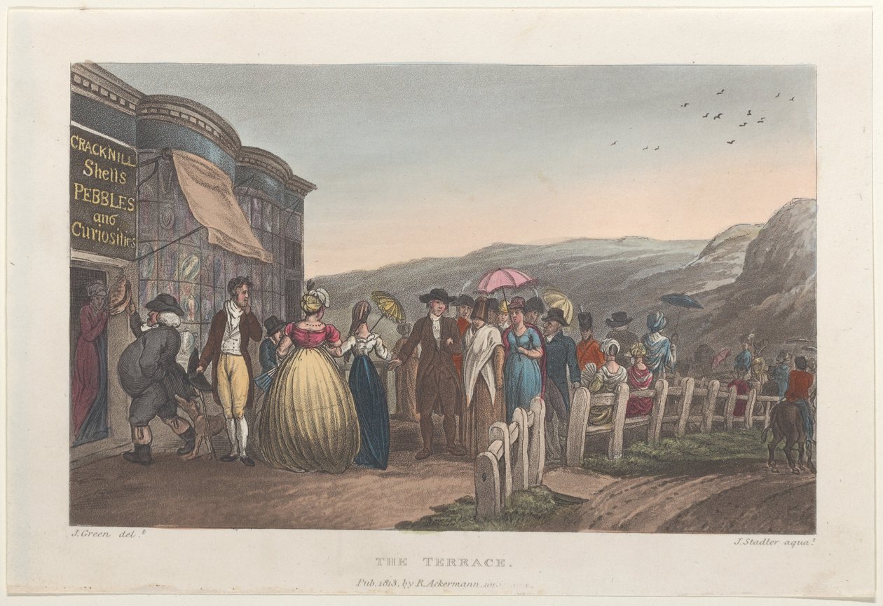 Taras, z Poetyckich szkiców Scarborough, 1813., 1813. Twórcy: Thomas Rowlandson, Joseph Constantine Stadler, J. Bluck. autorstwa Thomas Rowlandson, Joseph Constantine Stadler, J. Bluck