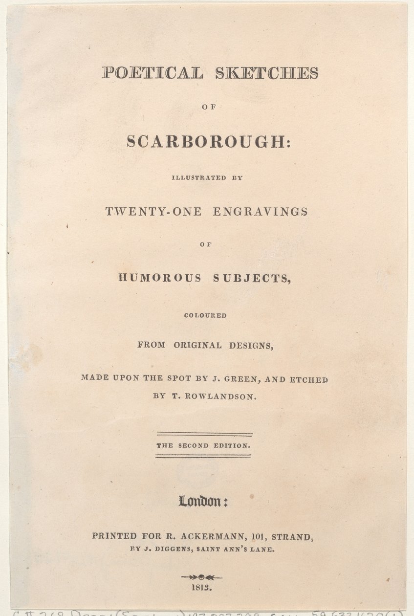 Strona tytułowa, z Poetical Sketches of Scarborough, 1813., 1813. Twórcy: Thomas Rowlandson, Joseph Constantine Stadler, J. Bluck. autorstwa Thomas Rowlandson, Joseph Constantine Stadler, J. Bluck