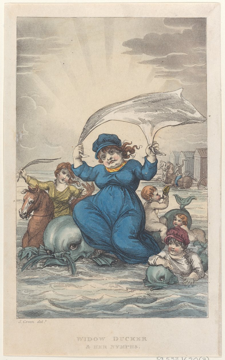 Widow Ducker & Her Nymphs, z Poetical Sketches of Scarborough, 1813., 1813. Twórcy: Thomas Rowlandson, Joseph Constantine Stadler, J. Bluck. autorstwa Thomas Rowlandson, Joseph Constantine Stadler, J. Bluck
