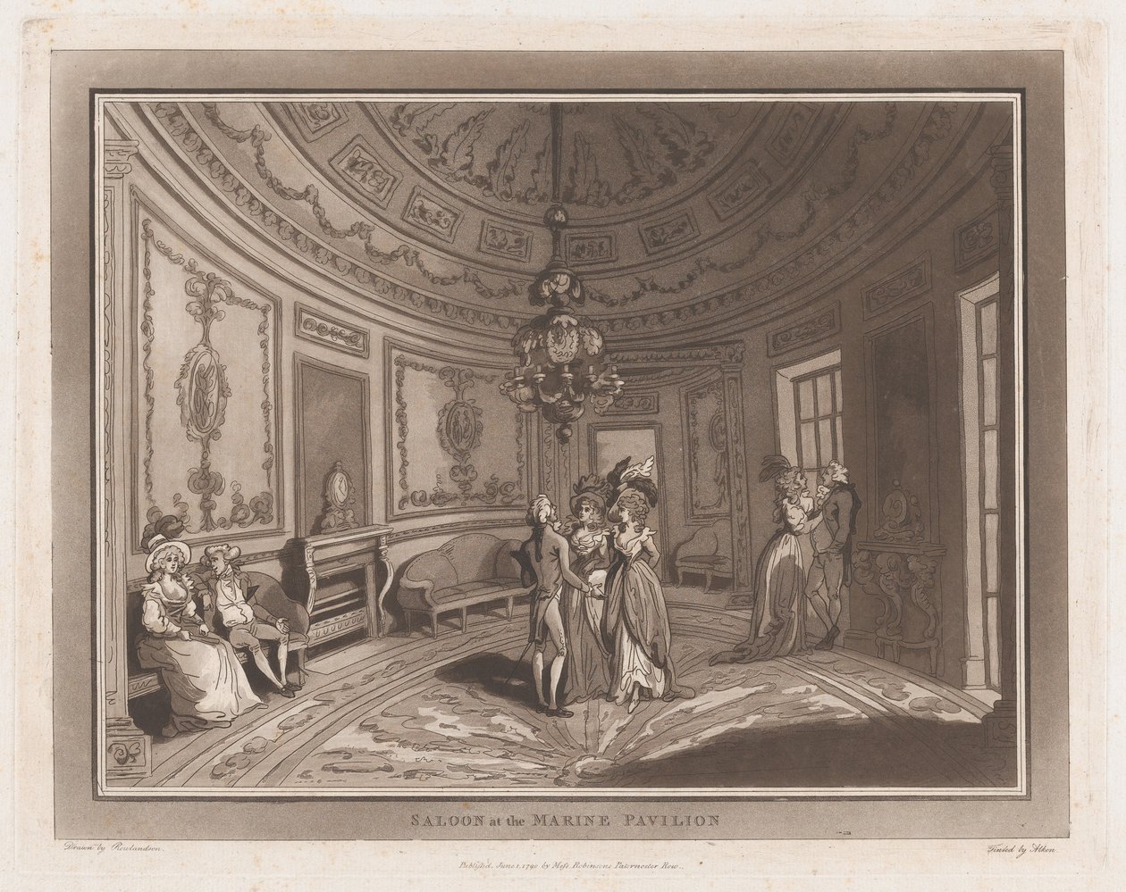 Salon w pawilonie morskim Wycieczka do Brighthelmstone, 1 czerwca 1790., 1 czerwca 1790. Twórcy: Thomas Rowlandson, Samuel Alken. autorstwa Thomas Rowlandson, Samuel Alken