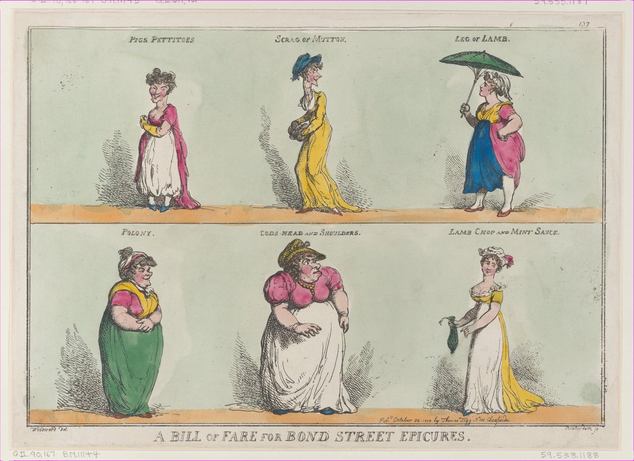 Zestawienie opłat za Bond Street Epicures!!, 25 października 1808 r., 25 października 1808 r. autorstwa Thomas Rowlandson
