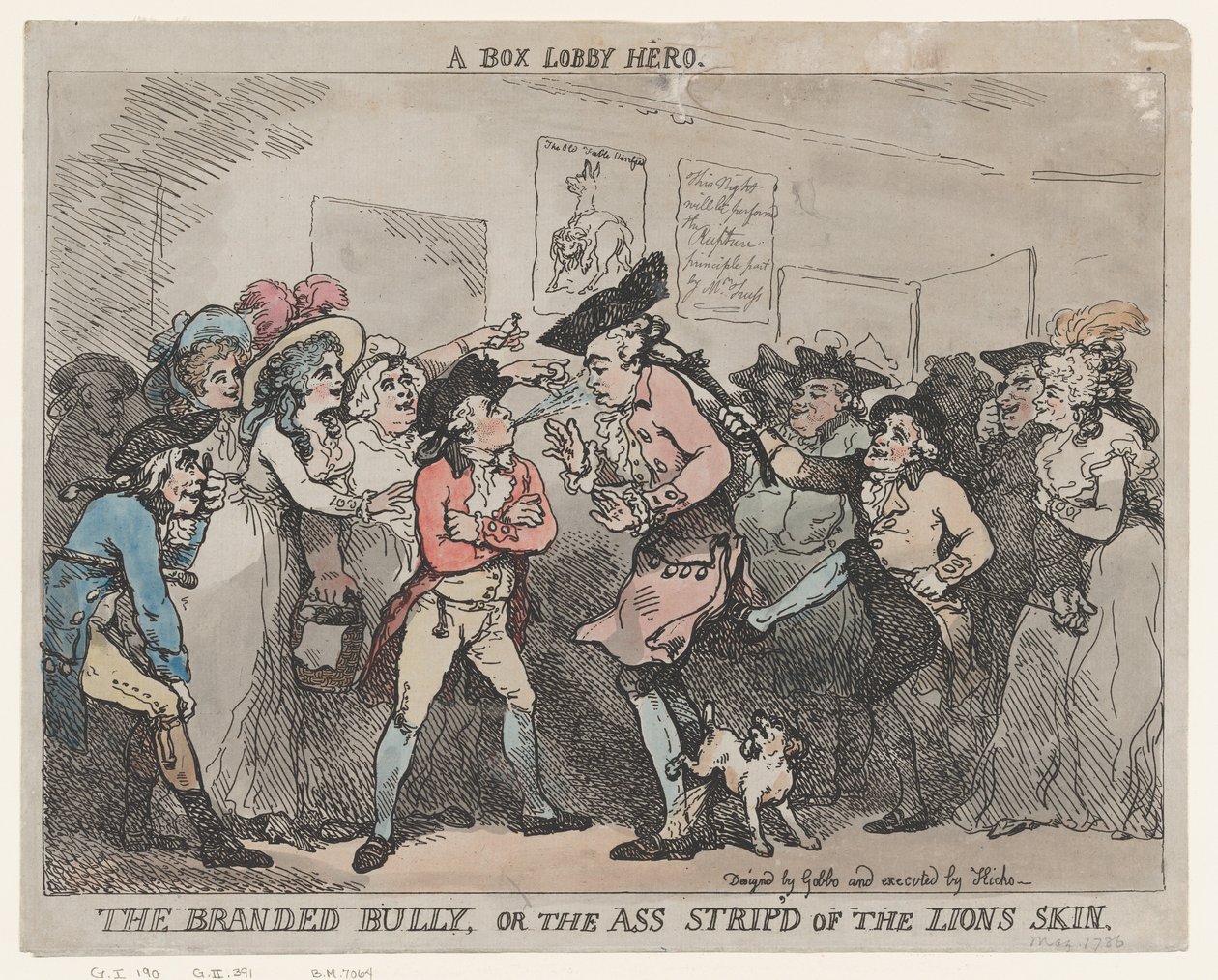 „Bohater z przedpokoju”, „Znany łobuz” albo „Osioł pozbawiony lwiej skóry”. autorstwa Thomas Rowlandson