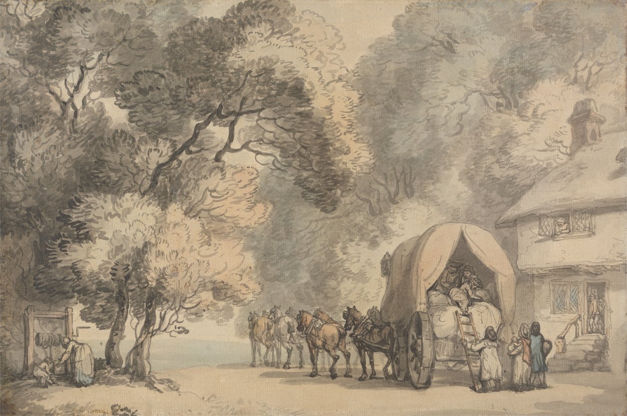Wózek przewoźnika za karczmą, ok. 1785-90 (pióro i atrament oraz akwarela na papierze wykładanym) autorstwa Thomas Rowlandson