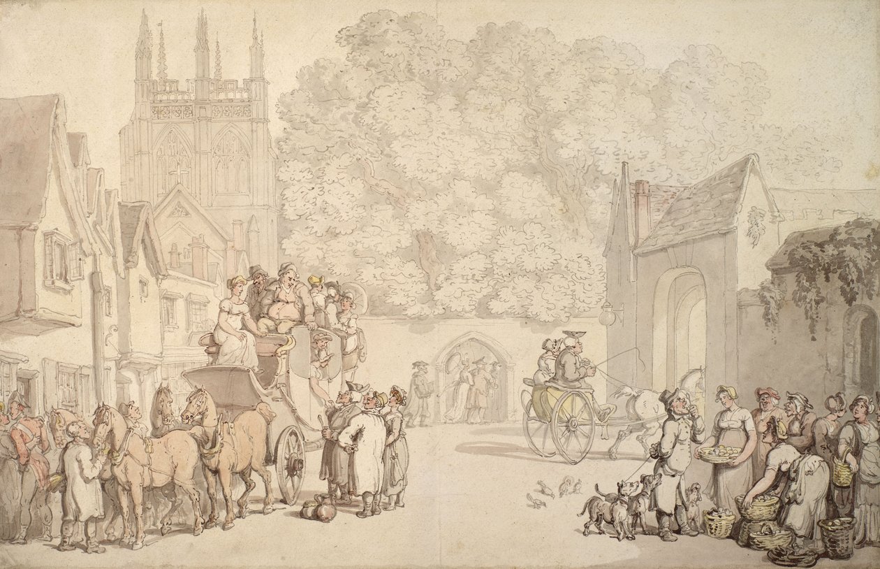 Trener przygotowujący się do wyjazdu z Canterbury Gate, Christ Church, Oxford, ok. 1810-15 autorstwa Thomas Rowlandson