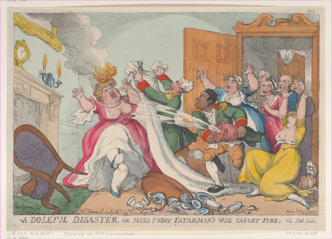 Smutna katastrofa, czyli peruka panny Fubby Fatarmin zapaliła się, 20 września ..., 20 września 1813 r. autorstwa Thomas Rowlandson