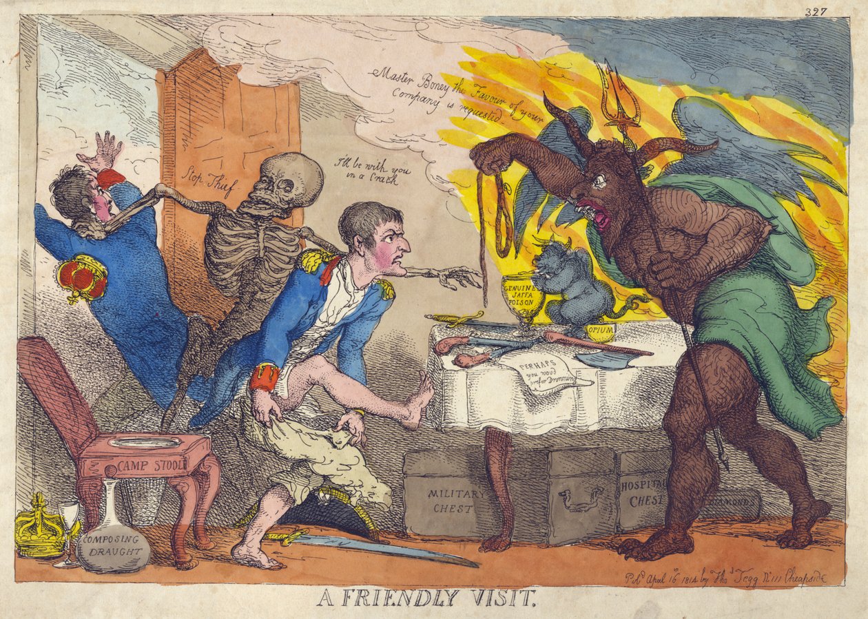 PRZYJAZNA WIZYTA, satyra na porażkę Napoleona, jego abdykację i przejście na Elbę autorstwa Thomas Rowlandson