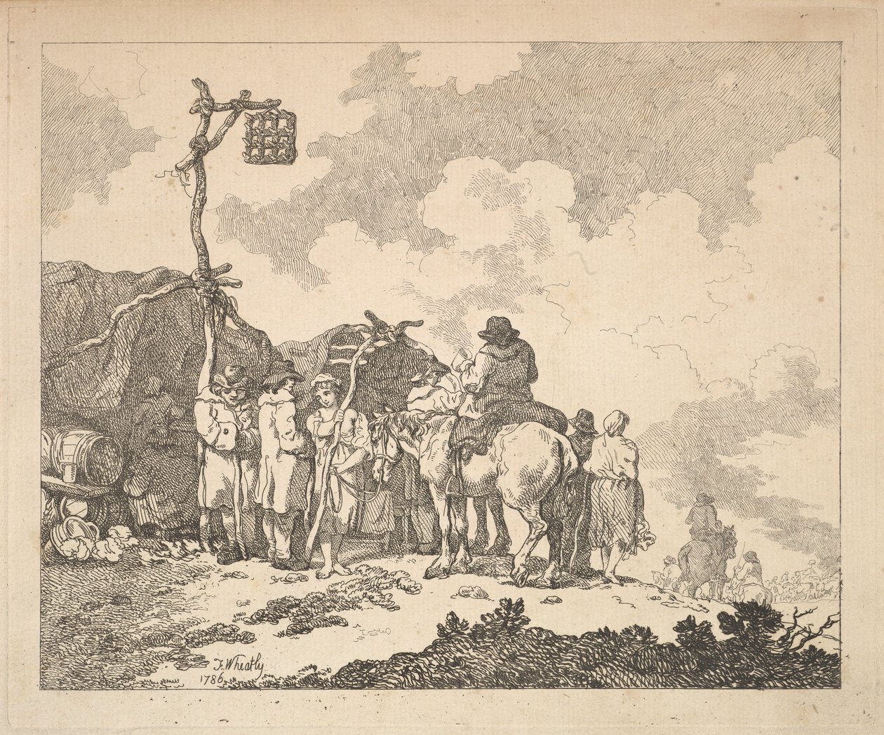 Jarmark - grupa Cyganów - mężczyźni i kobiety w rustykalnych strojach przed dwoma prowizorycznymi te..., 1786. autorstwa Thomas Rowlandson