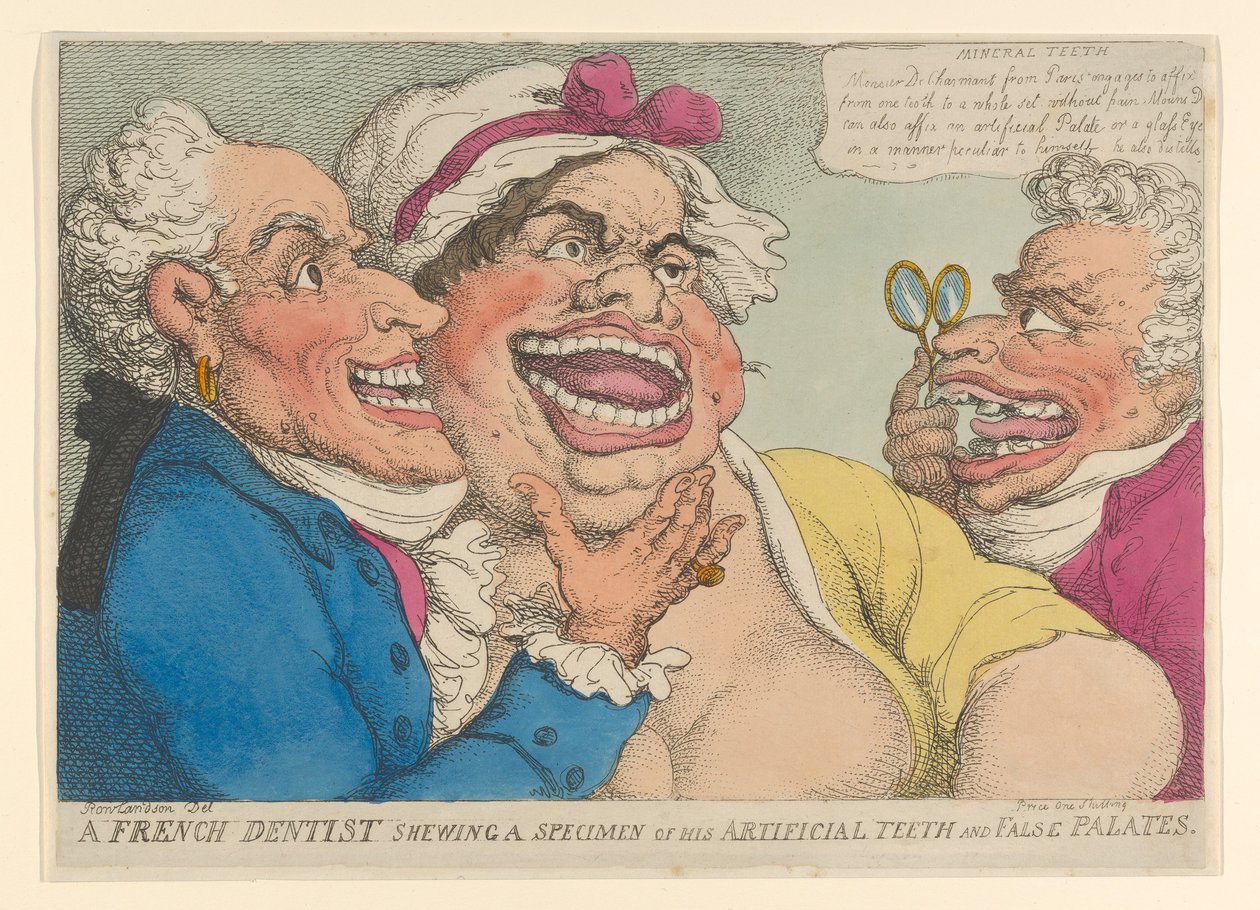 Francuski dentysta pokazujący okaz swoich sztucznych zębów i fałszywego podniebienia, 1811., 1811. autorstwa Thomas Rowlandson