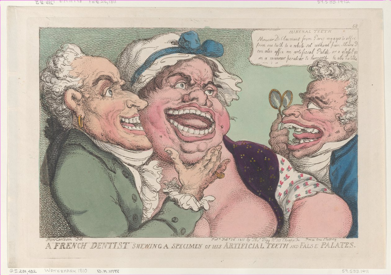Francuski dentysta pokazujący okaz swoich sztucznych zębów i fałszywego podniebienia..., 26 lutego 1811. autorstwa Thomas Rowlandson