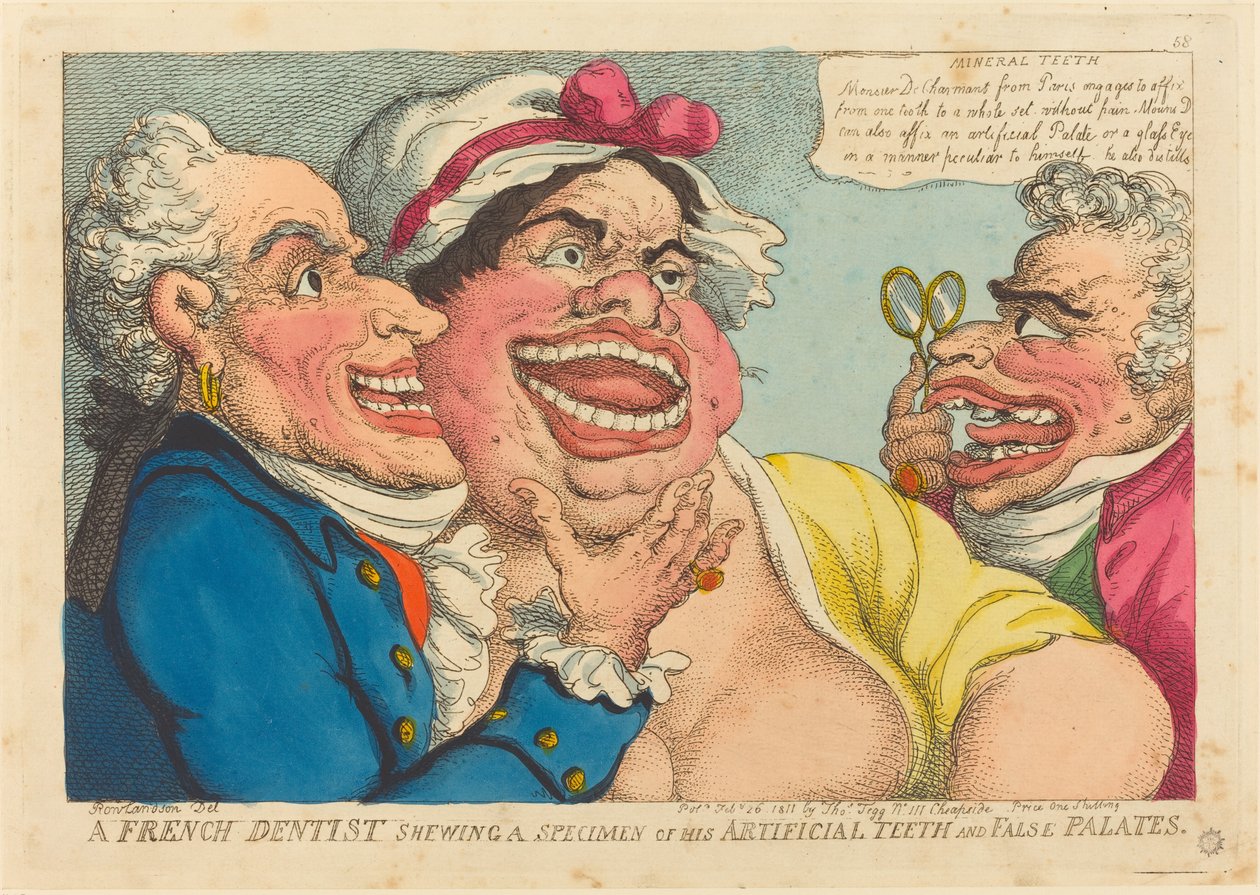 Francuski dentysta pokazujący okaz swoich sztucznych zębów i fałszywego podniebienia autorstwa Thomas Rowlandson