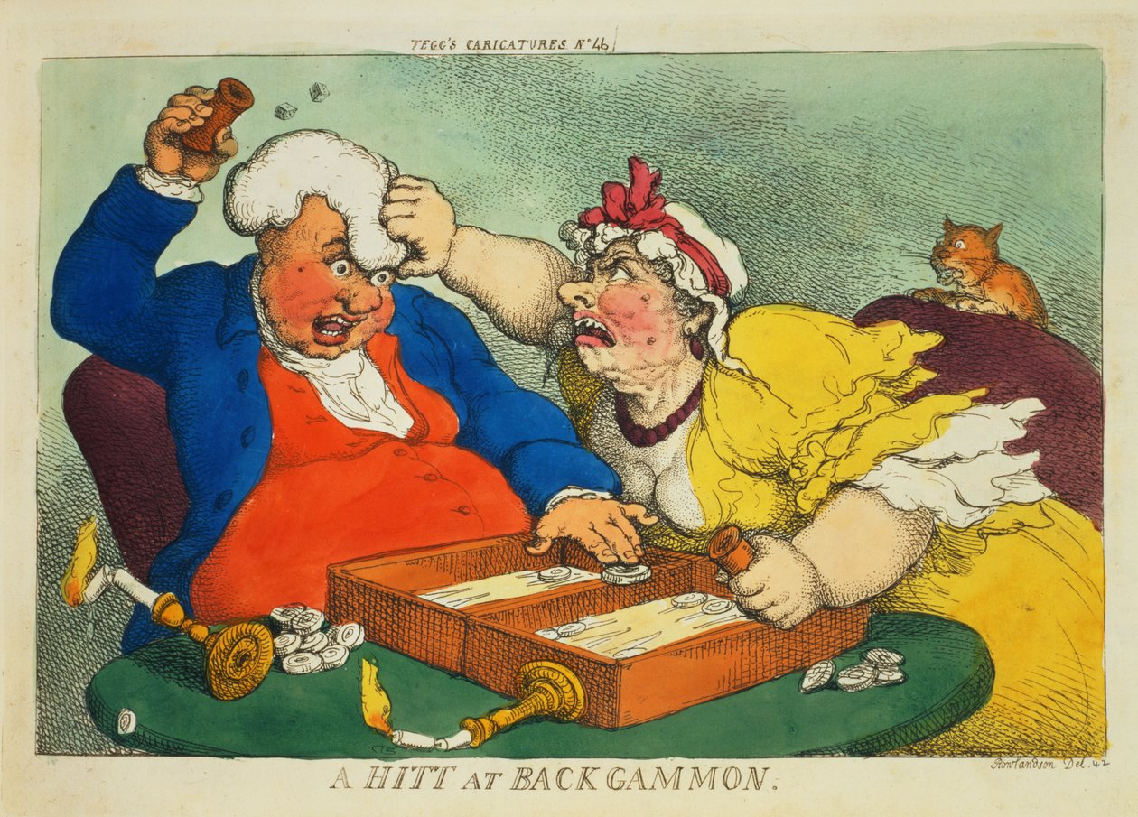 Hitt at Backgammon (kolorowa akwaforta) autorstwa Thomas Rowlandson