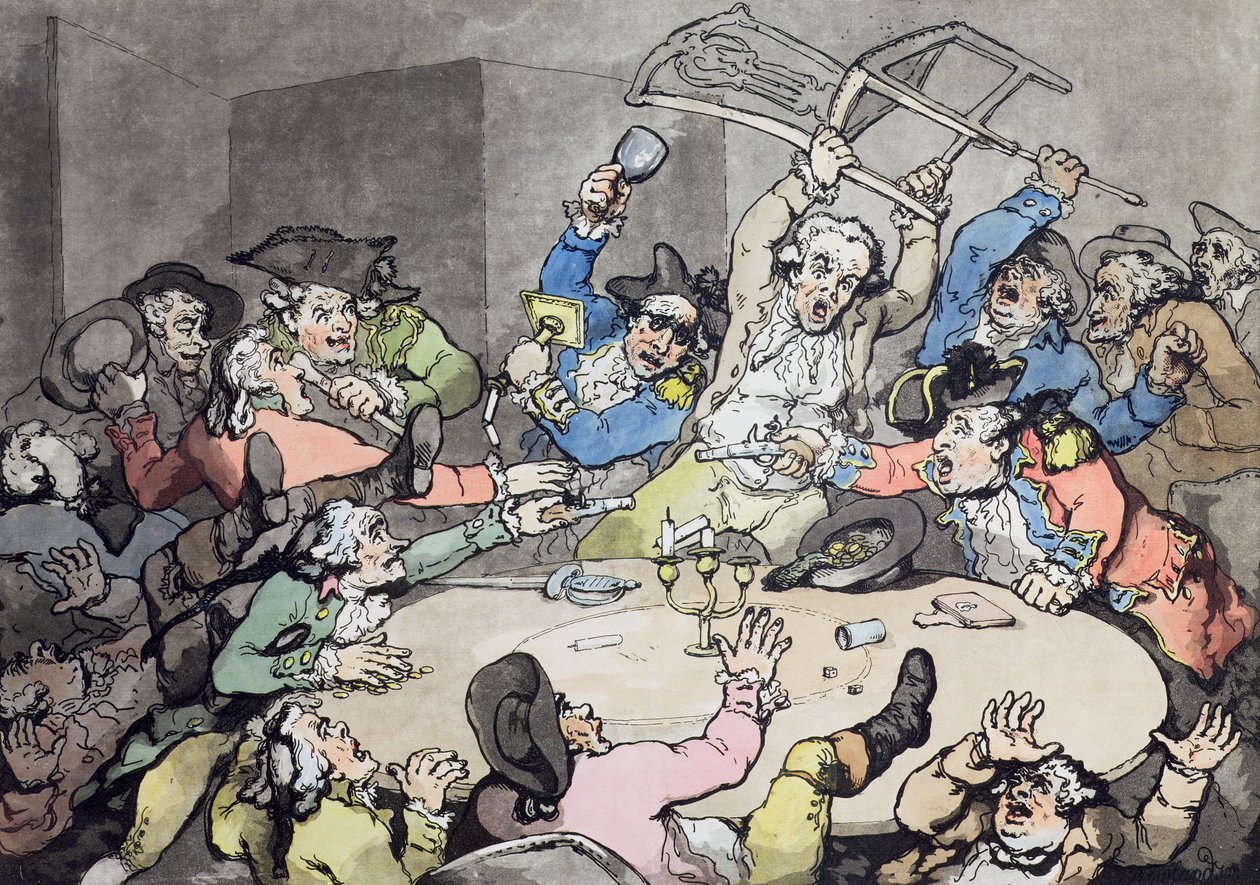 Kick Up at a Hazard Table, wyd. J. Harris, 1787 (kolorowa akwaforta z akwatintą) autorstwa Thomas Rowlandson