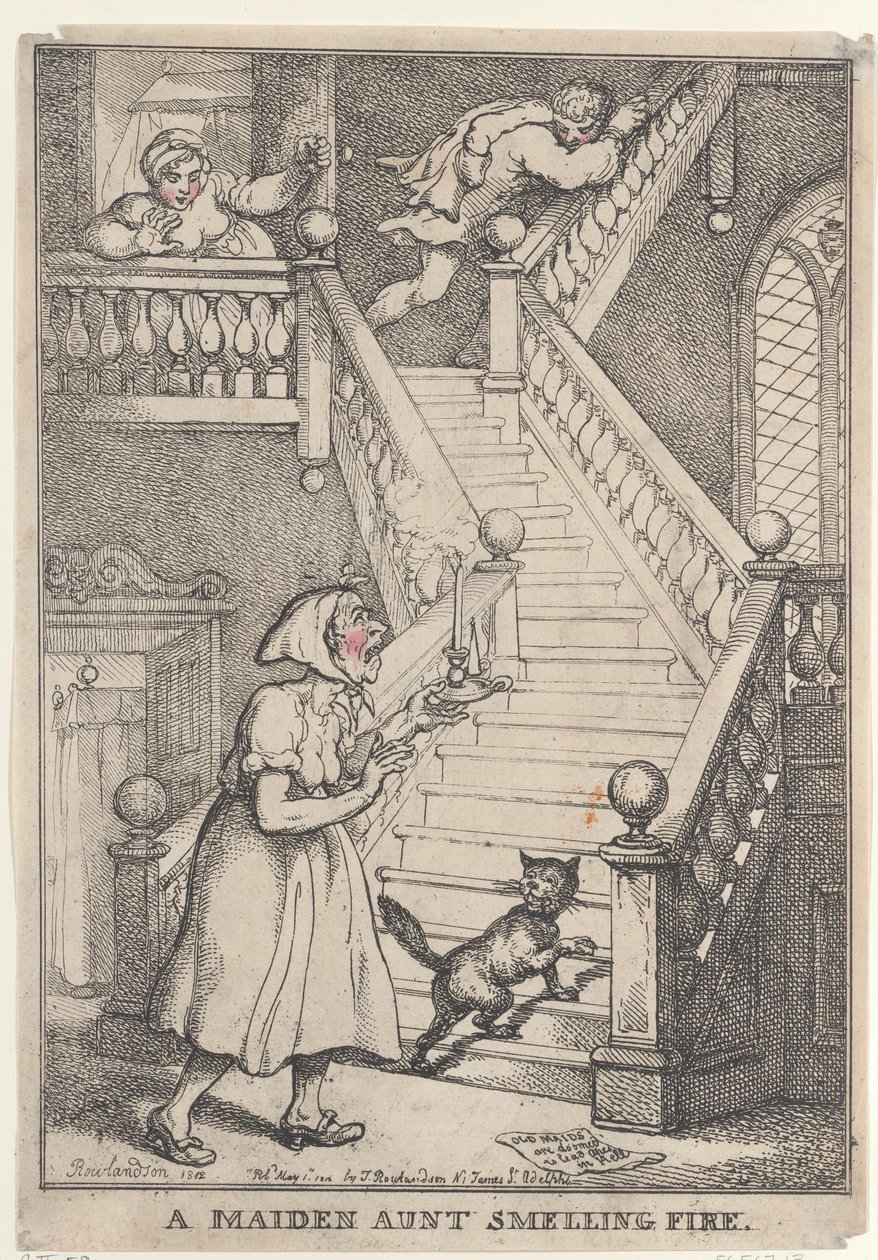 Niezamężna ciotka wyczuwająca zapach ognia autorstwa Thomas Rowlandson
